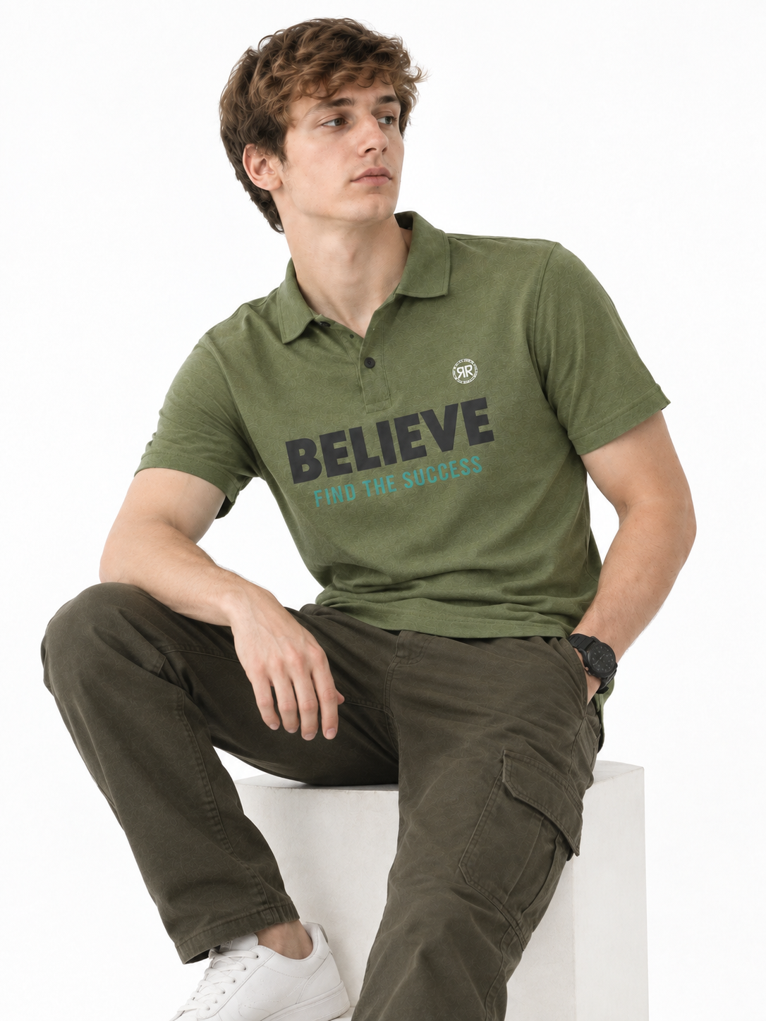 RRVOGUE Olive Green "Believe" Printed 100% Cotton Polo T-Shirt