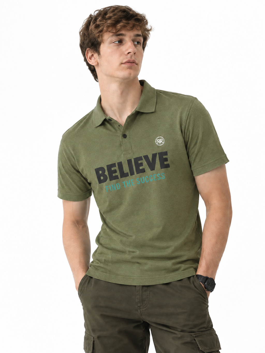 RRVOGUE Olive Green "Believe" Printed 100% Cotton Polo T-Shirt