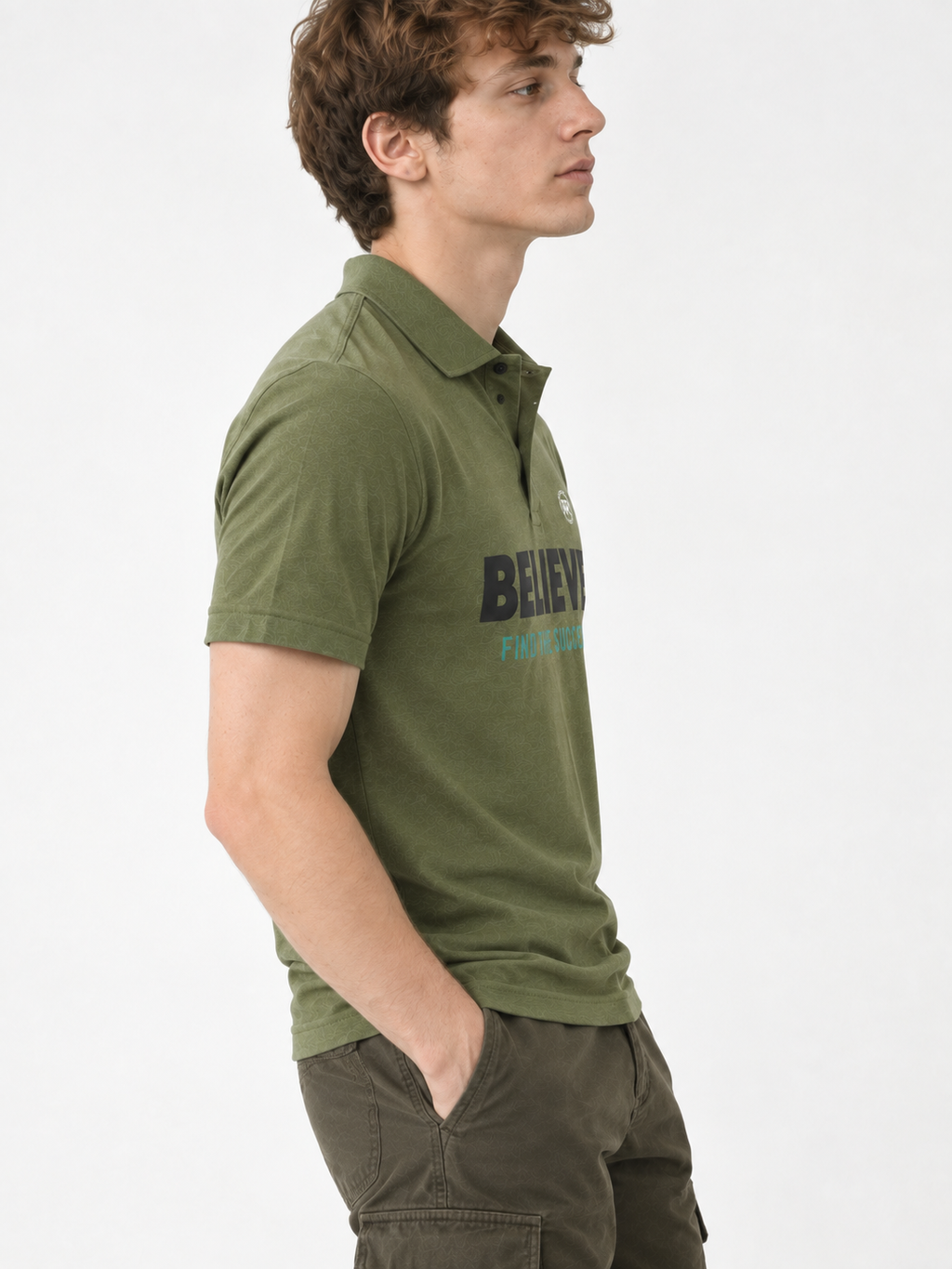RRVOGUE Olive Green "Believe" Printed 100% Cotton Polo T-Shirt