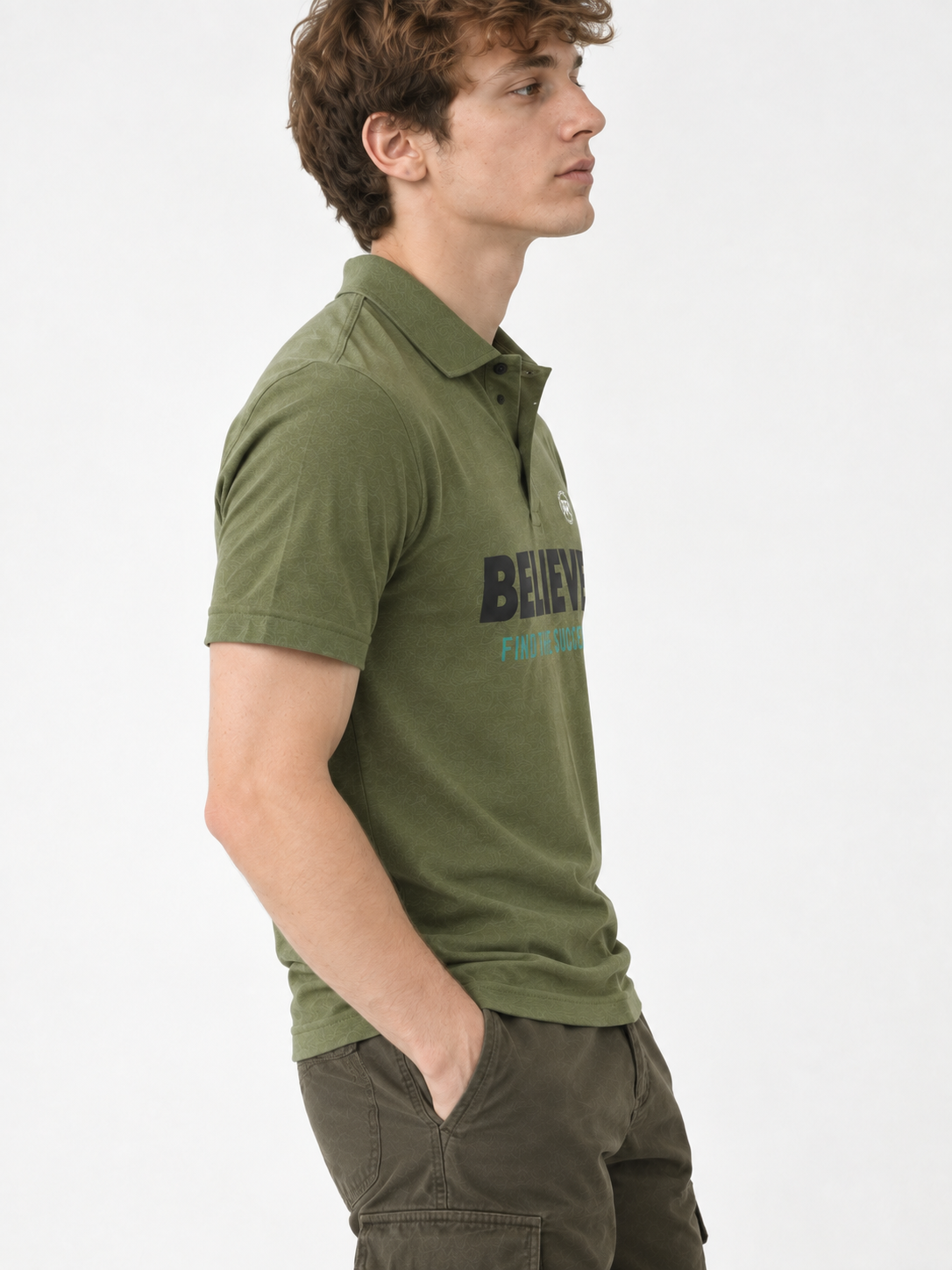 RRVOGUE Olive Green "Believe" Printed 100% Cotton Polo T-Shirt