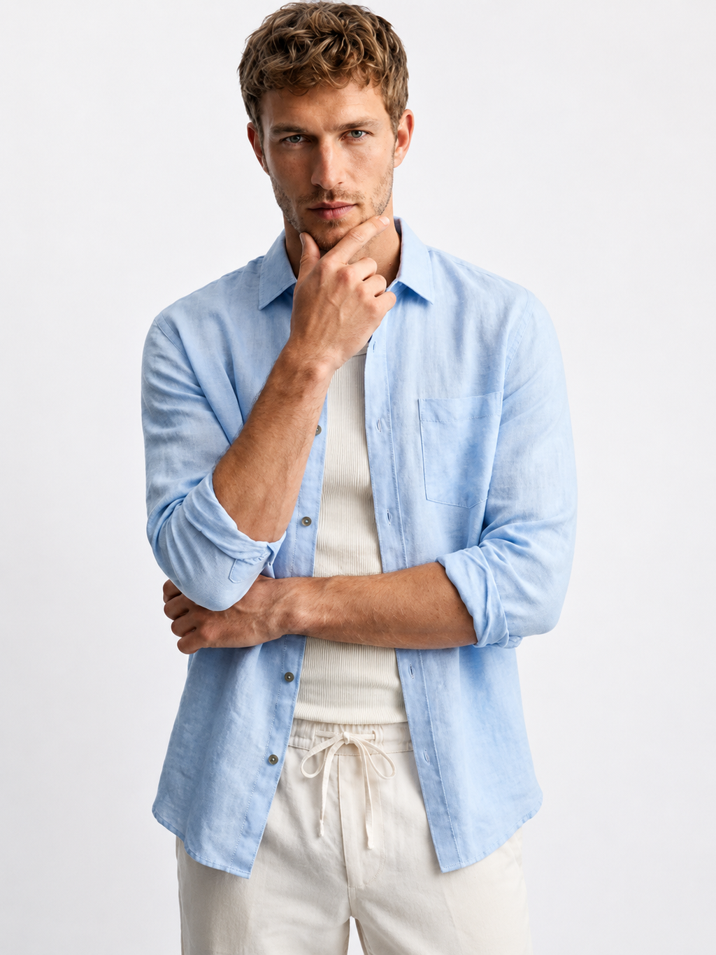 Linen Textured  Full sleeves Shirt-sky Blue