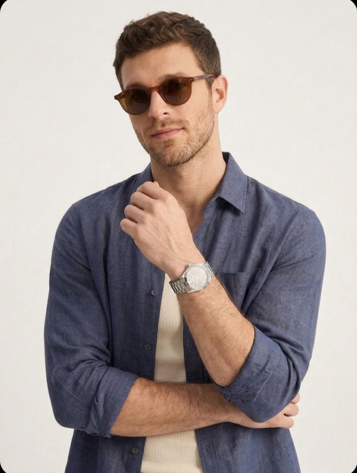 Linen Textured Full sleeves Shirt- Navy