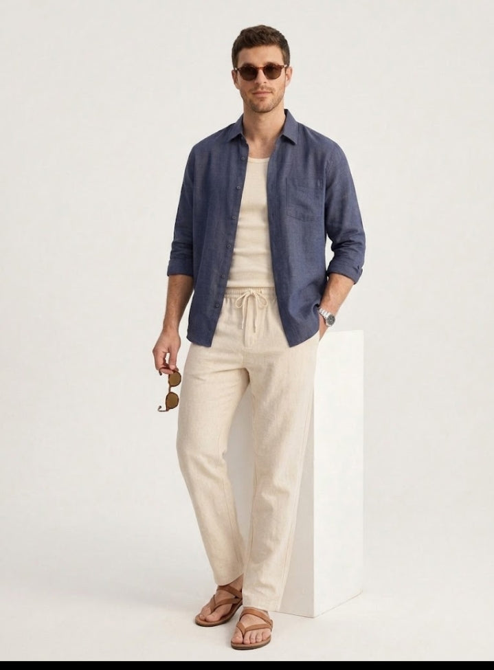 Linen Textured Full sleeves Shirt- Navy