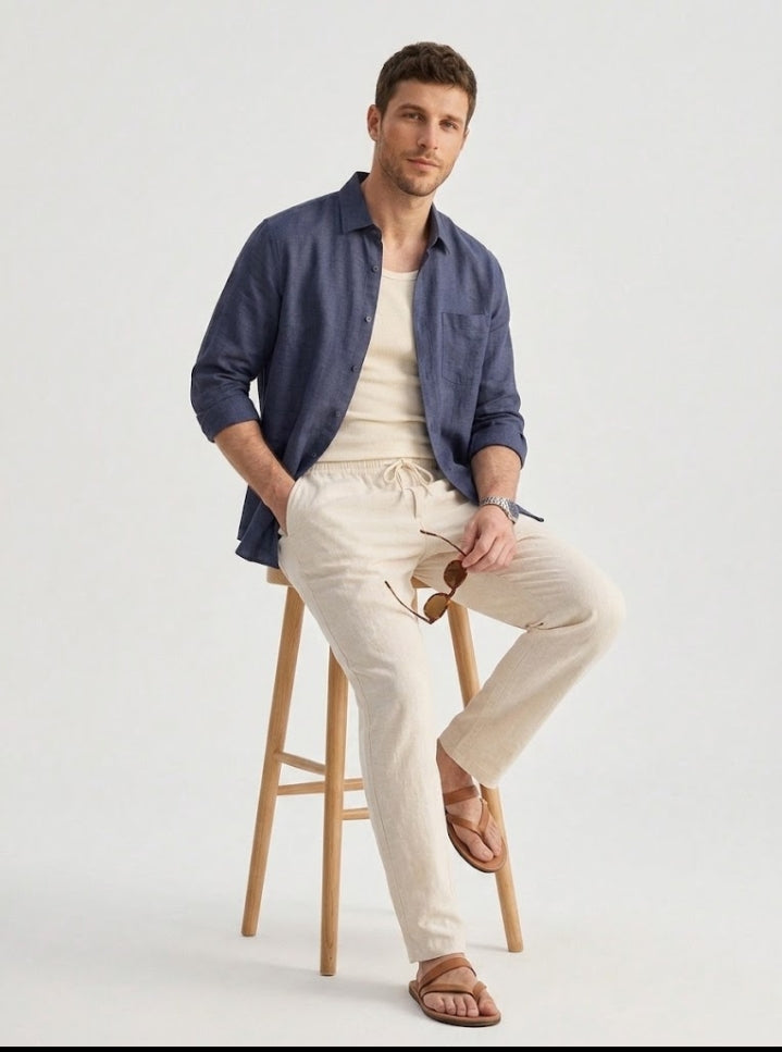 Linen Textured Full sleeves Shirt- Navy