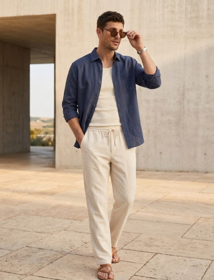 Linen Textured Full sleeves Shirt- Navy